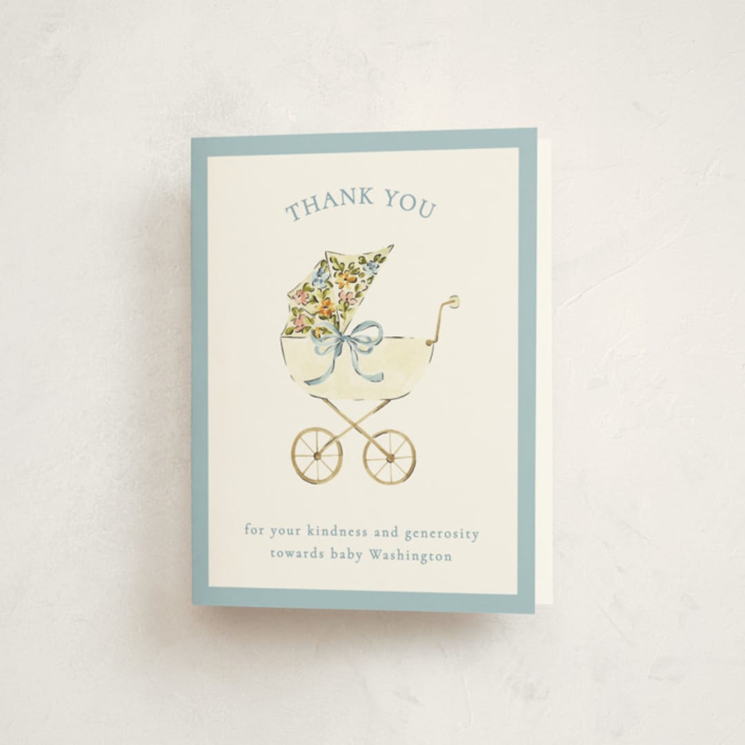 "Pram" - Baby Shower Thank You Cards in Sky by Sarah Knight - Front