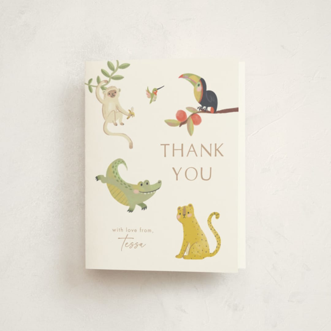 "Tropical Animals" - Baby Shower Thank You Cards in Ivory by Kate Blalock - Front