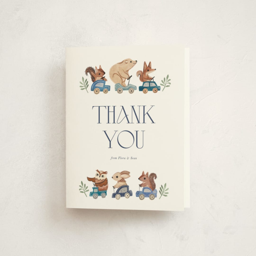 "woodland cars" - Baby Shower Thank You Cards in Navy by Vivian Yiwing - Front