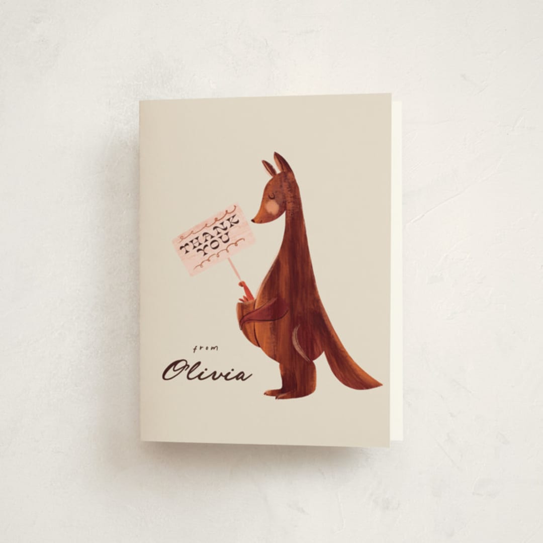 "Kangaroo Pop" - Baby Shower Thank You Cards in Cream by Gwen Bedat - Front