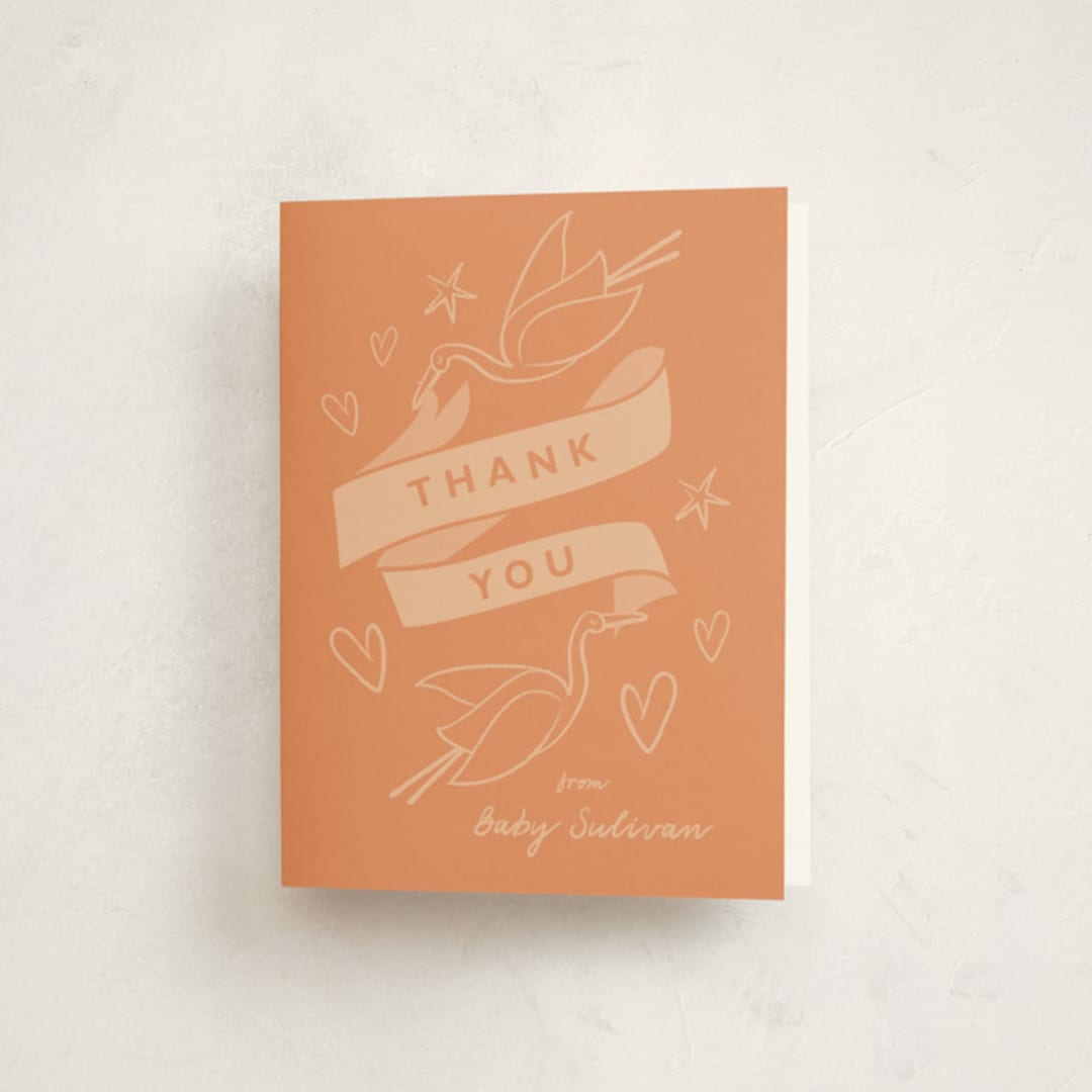 "Stork Party" - Baby Shower Thank You Cards in Tangerine by Zani van Zyl - Front