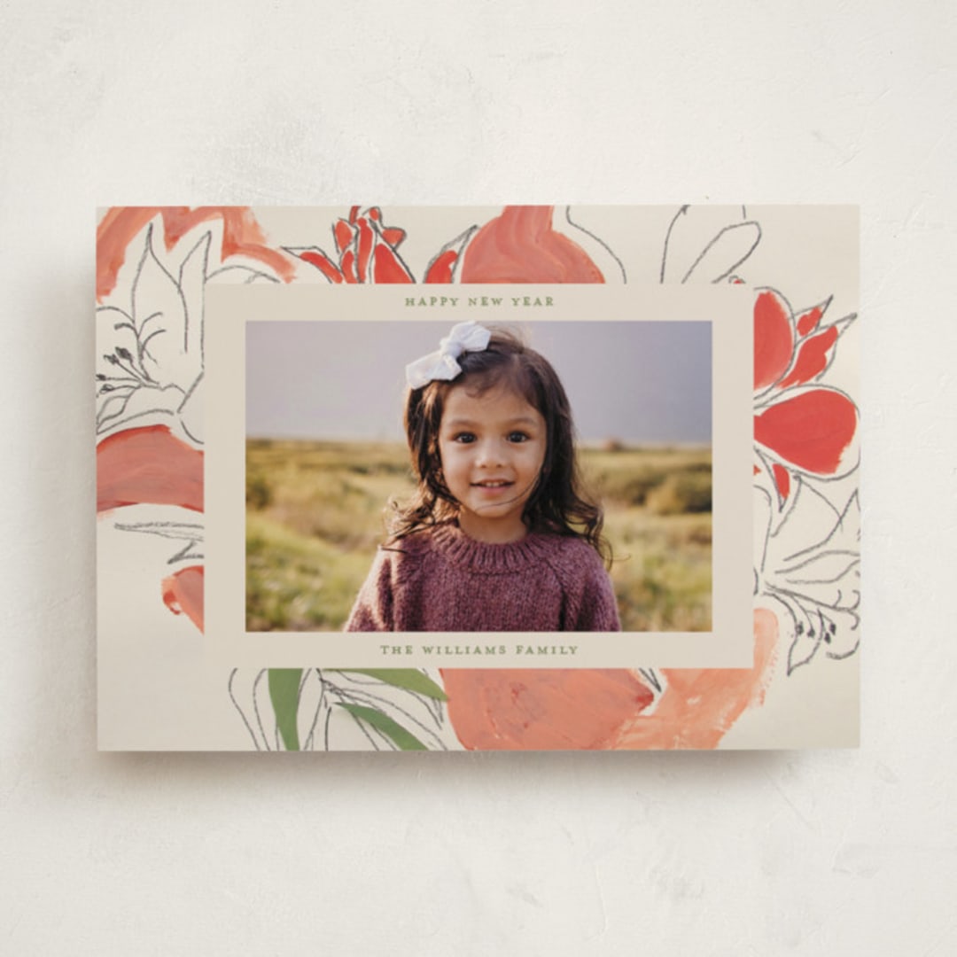 "Holiday Lily" - Holiday Cards in Vermillion by Lise Gulassa - Front