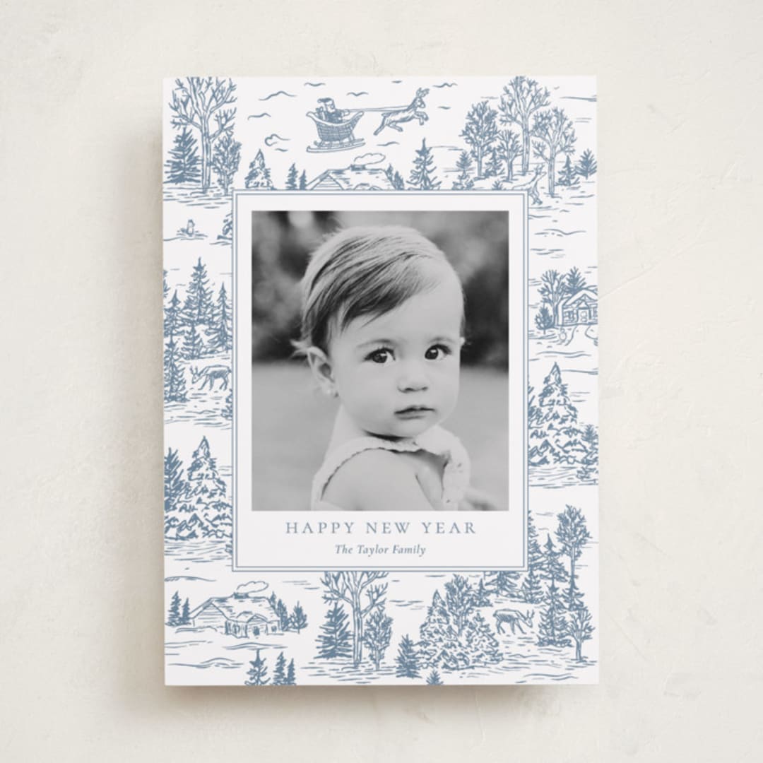 "Christmas Toile" - Holiday Cards in Periwinkle by Jennifer Lew - Front