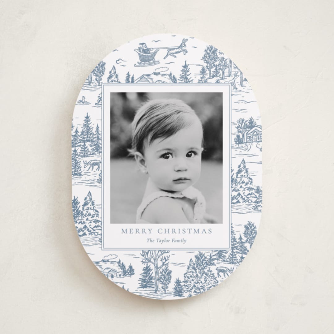 "Christmas Toile" - Holiday Cards in Periwinkle by Jennifer Lew - Front