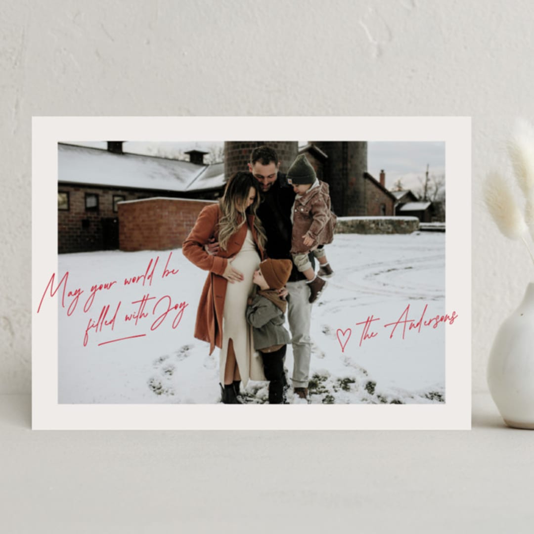 "Handwritten Joy" - Holiday Cards in Winterberry by Ashley Iwafuchi - Front