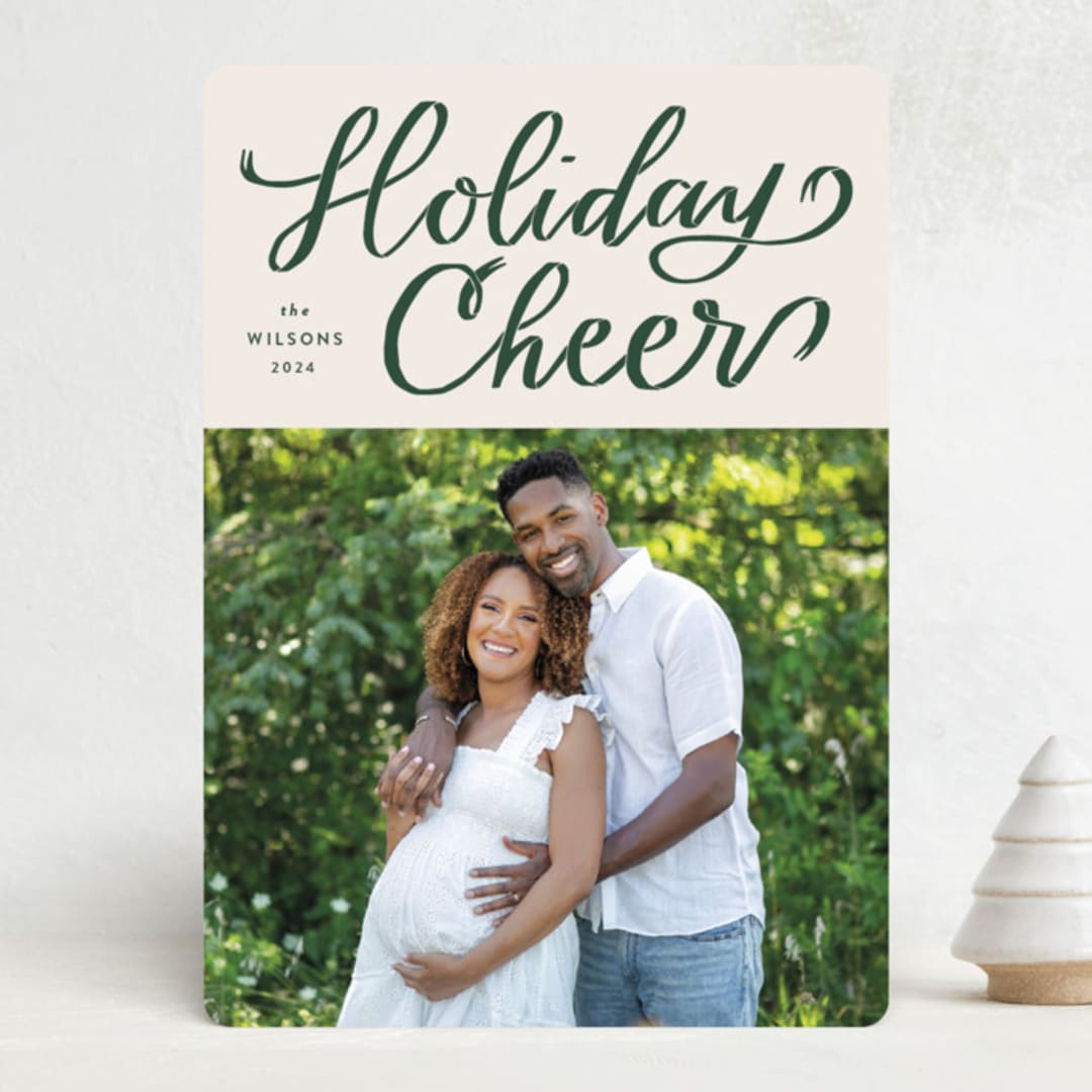 "Holiday Cheer Ribbon" - Holiday Cards in Evergreen by Alicia Schultz - Front