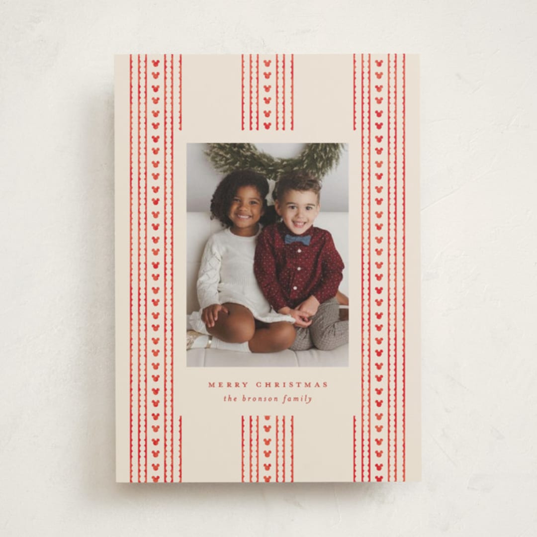 "Mickey Holiday Stripes" - Holiday Cards in Cranberry by Ellen Schlegelmilch - Front