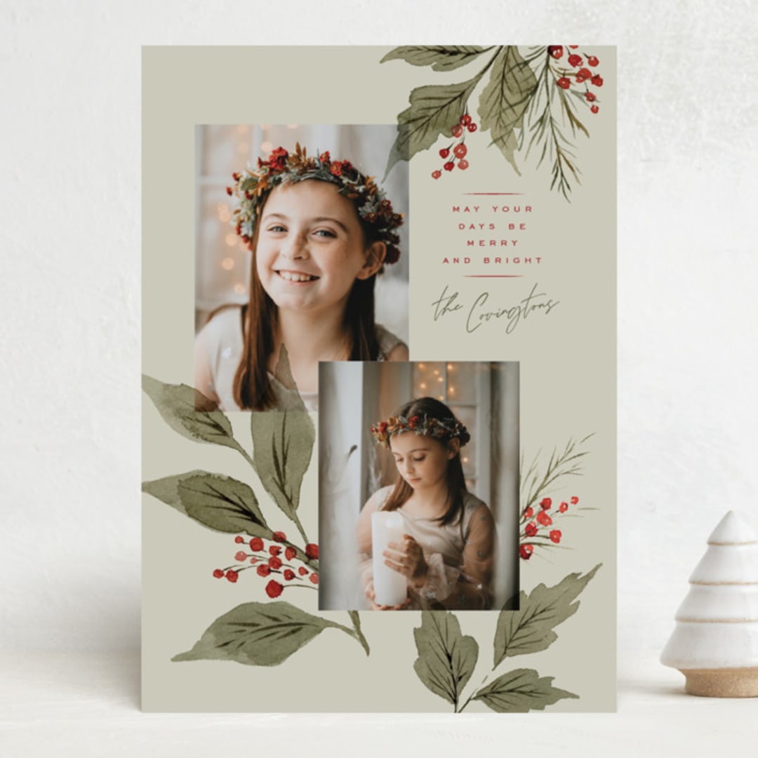 "Holly + Laurel" - Holiday Cards in Eucalyptus by Wildfield Paper Co - Front