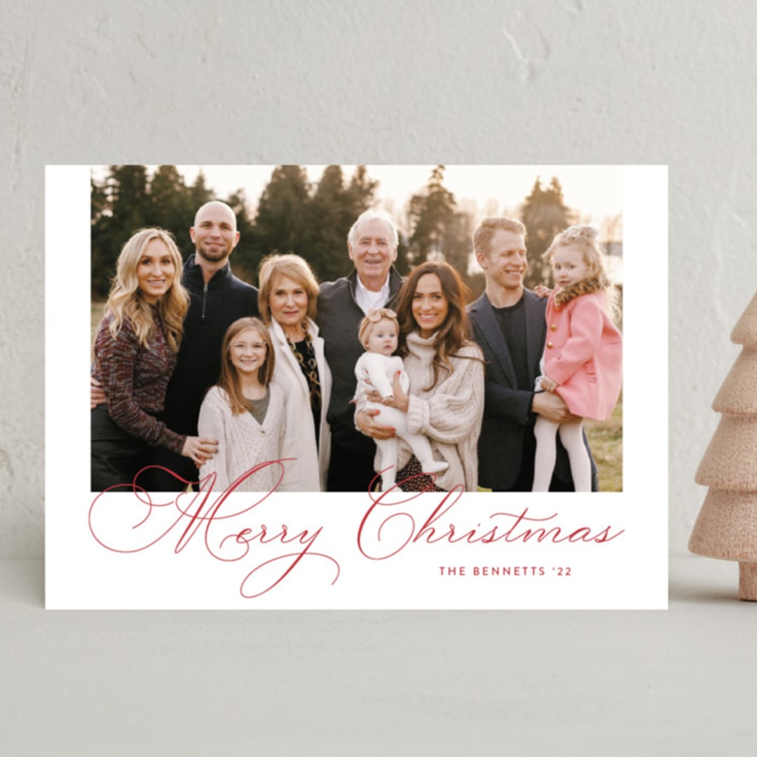 "Uptown Script" - Holiday Cards in Poinsettia by Carolyn MacLaren - Front