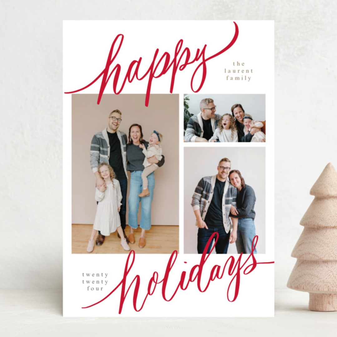 "Tri-photo Happy Holidays" - Holiday Cards in Cranberry by Elsa Duncan - Front