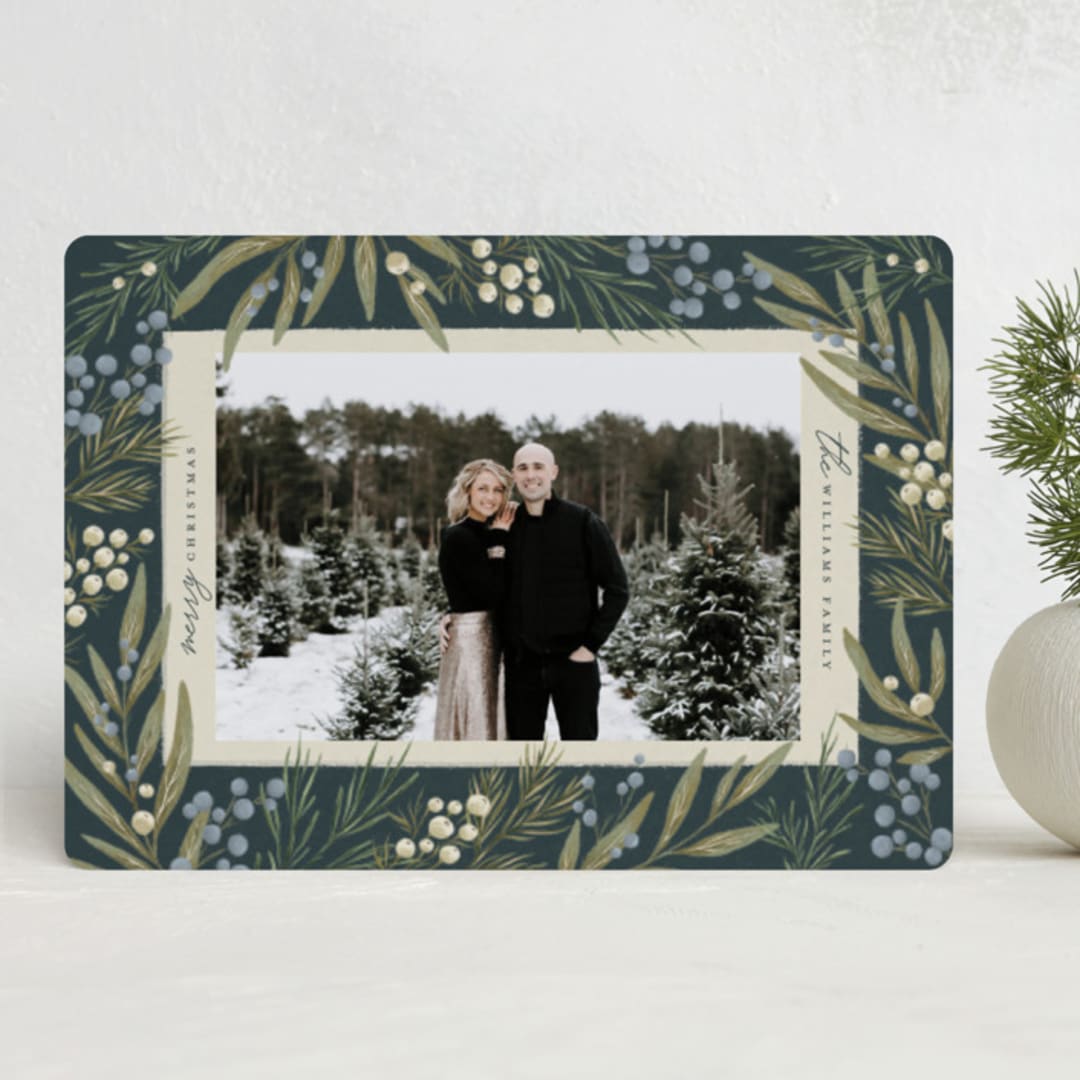 "Mistletoe + Holly" - Holiday Cards in Juniper by Wildfield Paper Co - Front