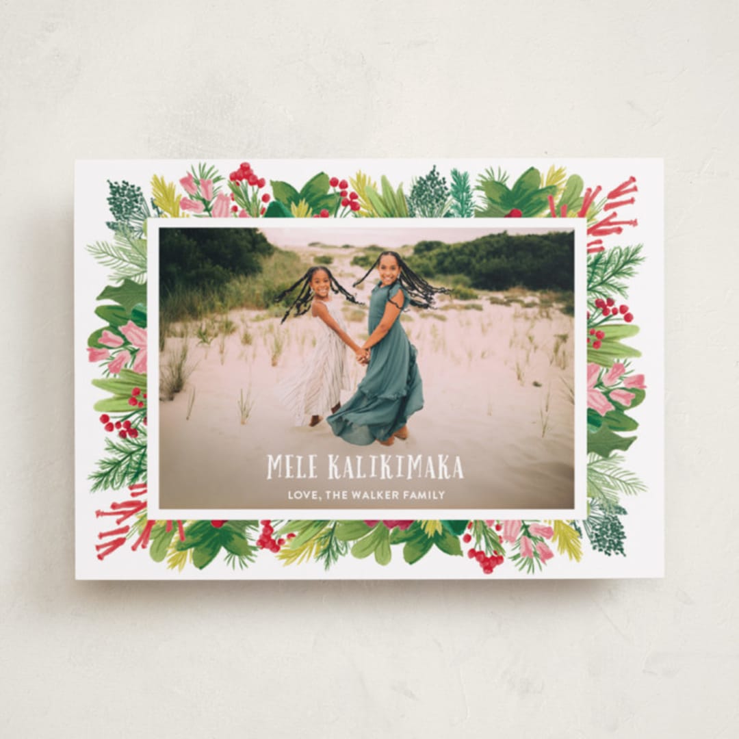 "Tropical Pines Frame" - Holiday Cards in Strawberry Punch by Shiny Penny Studio - Front