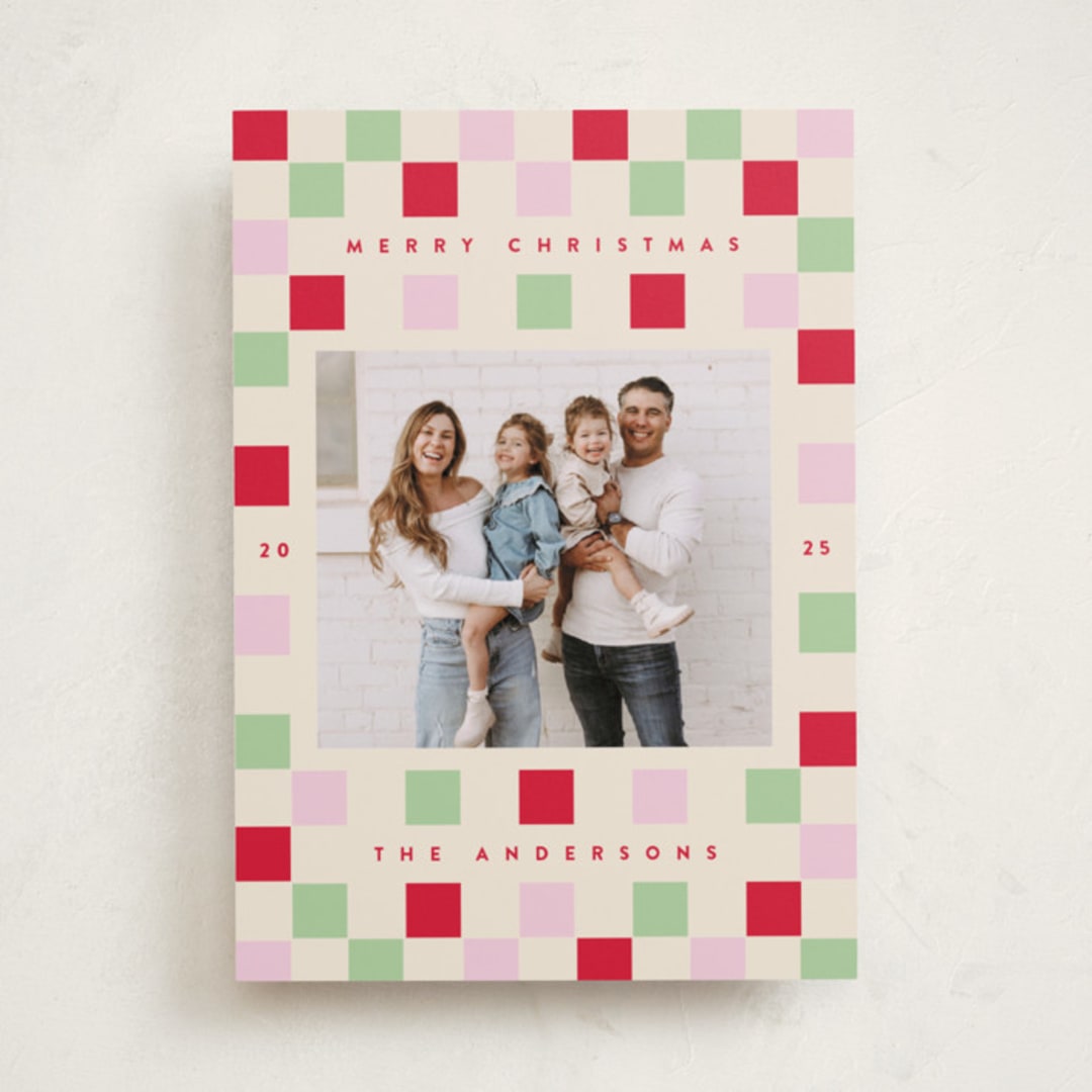"Happy Checkers" - Holiday Cards in Cranberry by Katie Zimpel - Front