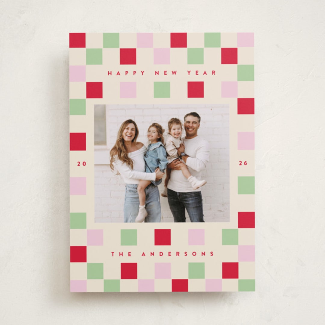 "Happy Checkers" - Holiday Cards in Cranberry by Katie Zimpel - Front