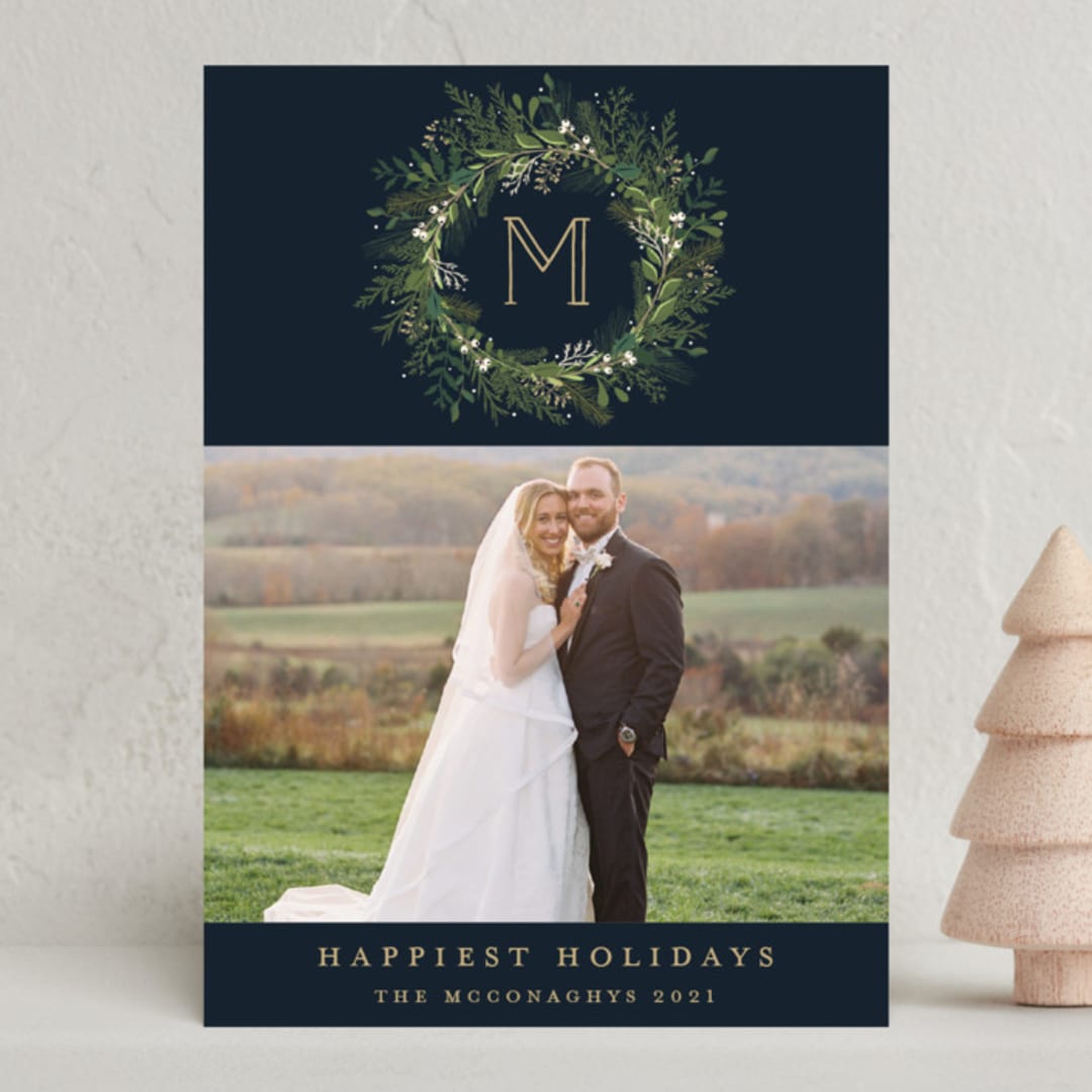 "Greenery Wreath" - Holiday Cards in Twilight by Susan Moyal - Front
