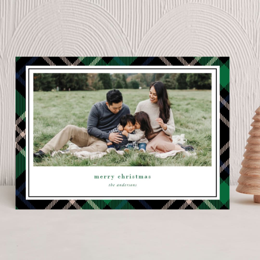 "Joyful Plaid" - Holiday Cards in Emerald by That Girl Press - Front