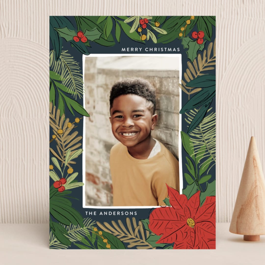 "Poinsettia and Pen" - Holiday Cards in Pine Needle by Annie Montgomery - Front