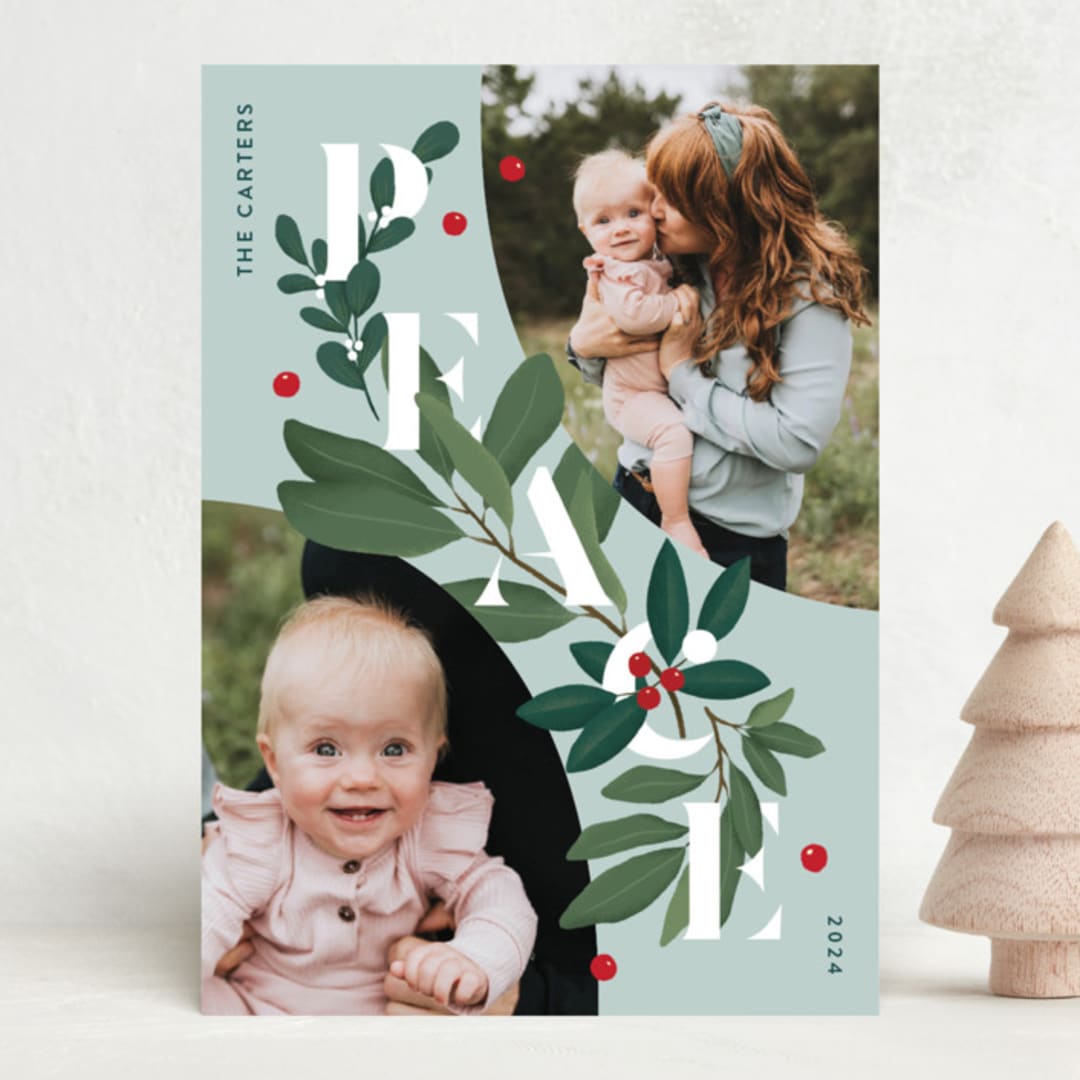 "Peace Greenery" - Holiday Cards in Wintermint by Julia Mehoke - Front