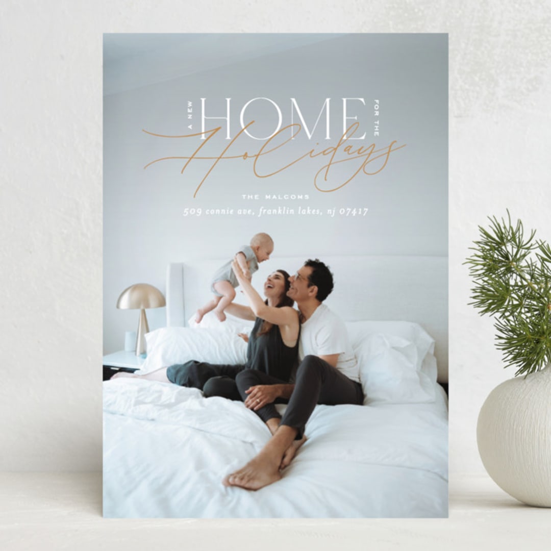 "A New Home for the Holidays" - Holiday Cards in Brass by Ana Sharpe - Front