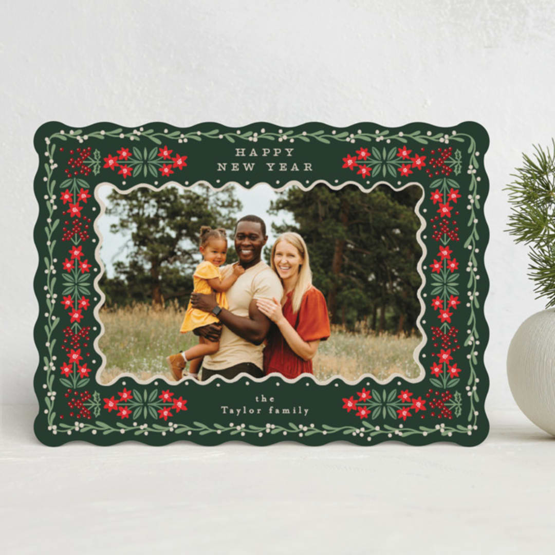 "Folk Flower Frame" - Holiday Cards in Evergreen by Alethea and Ruth - Front