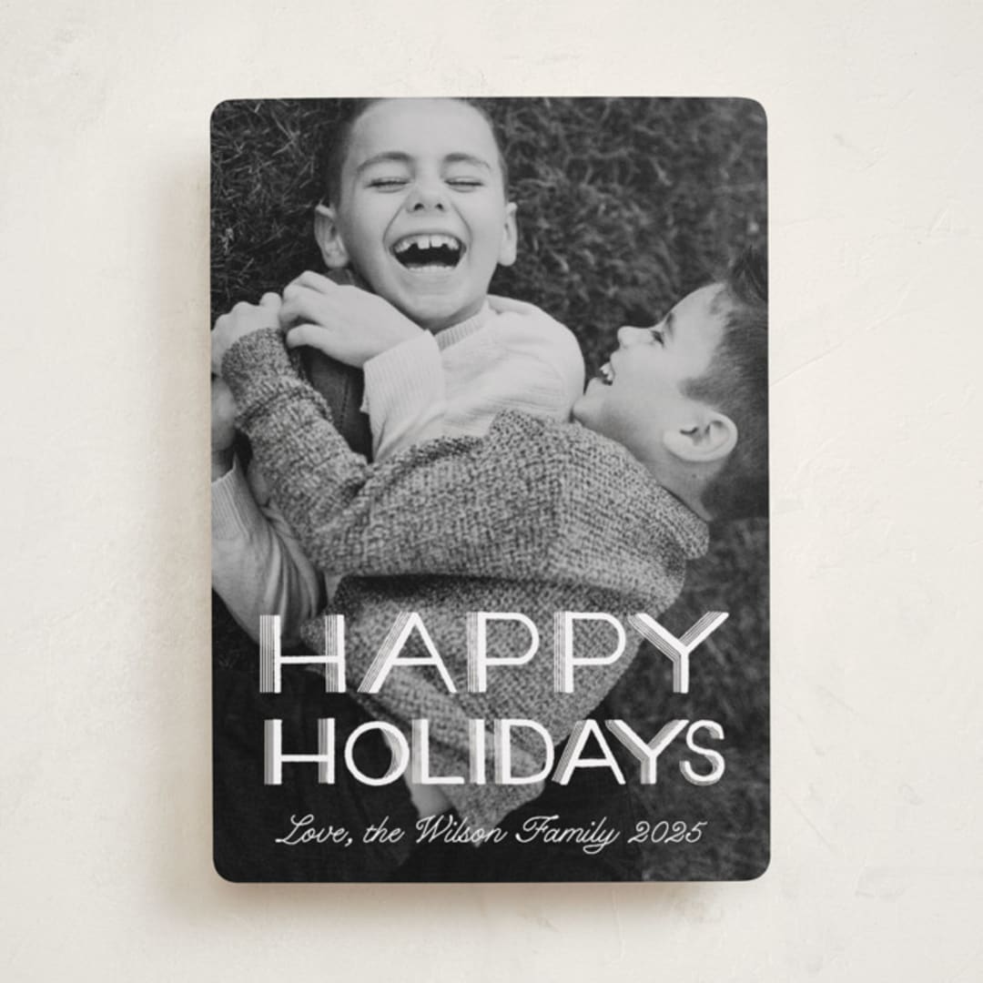 "Happy Holidays Retro Lettering" - Holiday Cards in Snow by Becky Nimoy - Front