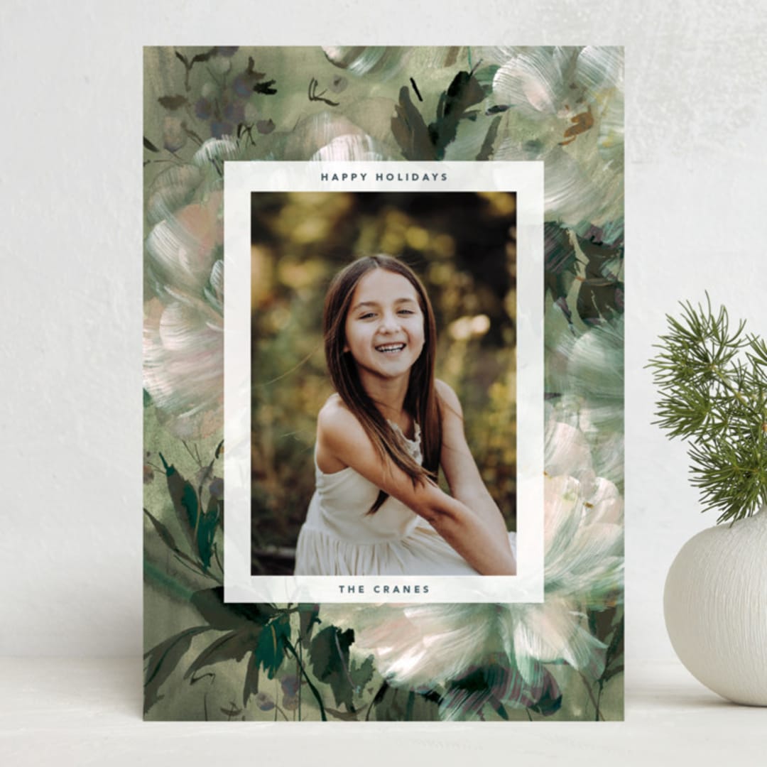 "Winter Peonies" - Holiday Cards in Wintergreen by Kelly Ventura - Front