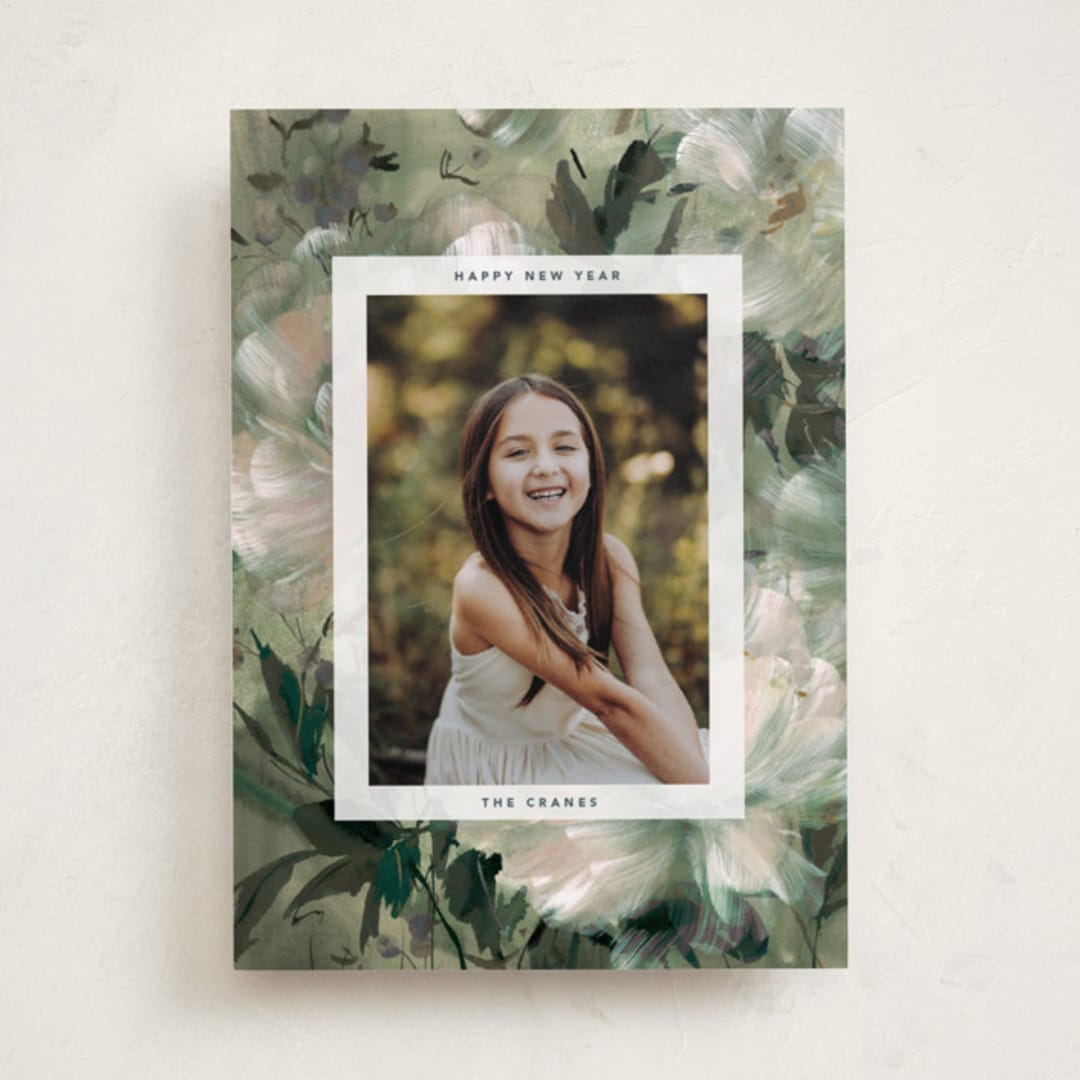 "Winter Peonies" - Holiday Cards in Wintergreen by Kelly Ventura - Front