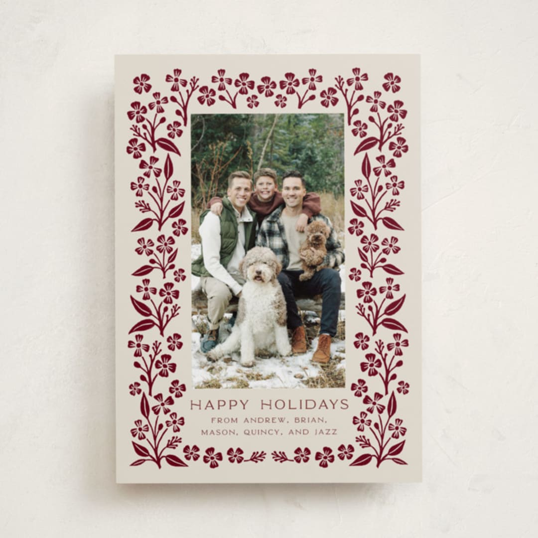 "Block Print Blossom" - Holiday Cards in Mulled Wine by Katharine Watson - Front