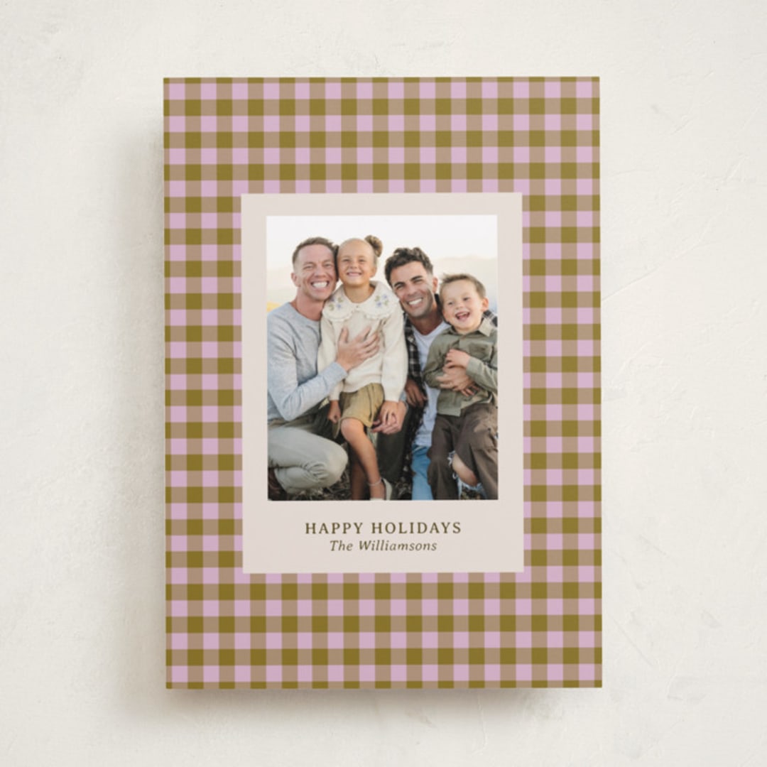 "Cozy Gingham" - Holiday Cards in Peony by Beth Vassalo - Front