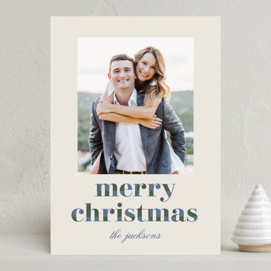 "Checkerboard Greeting" - Holiday Cards in Mist by Baumbirdy - Front