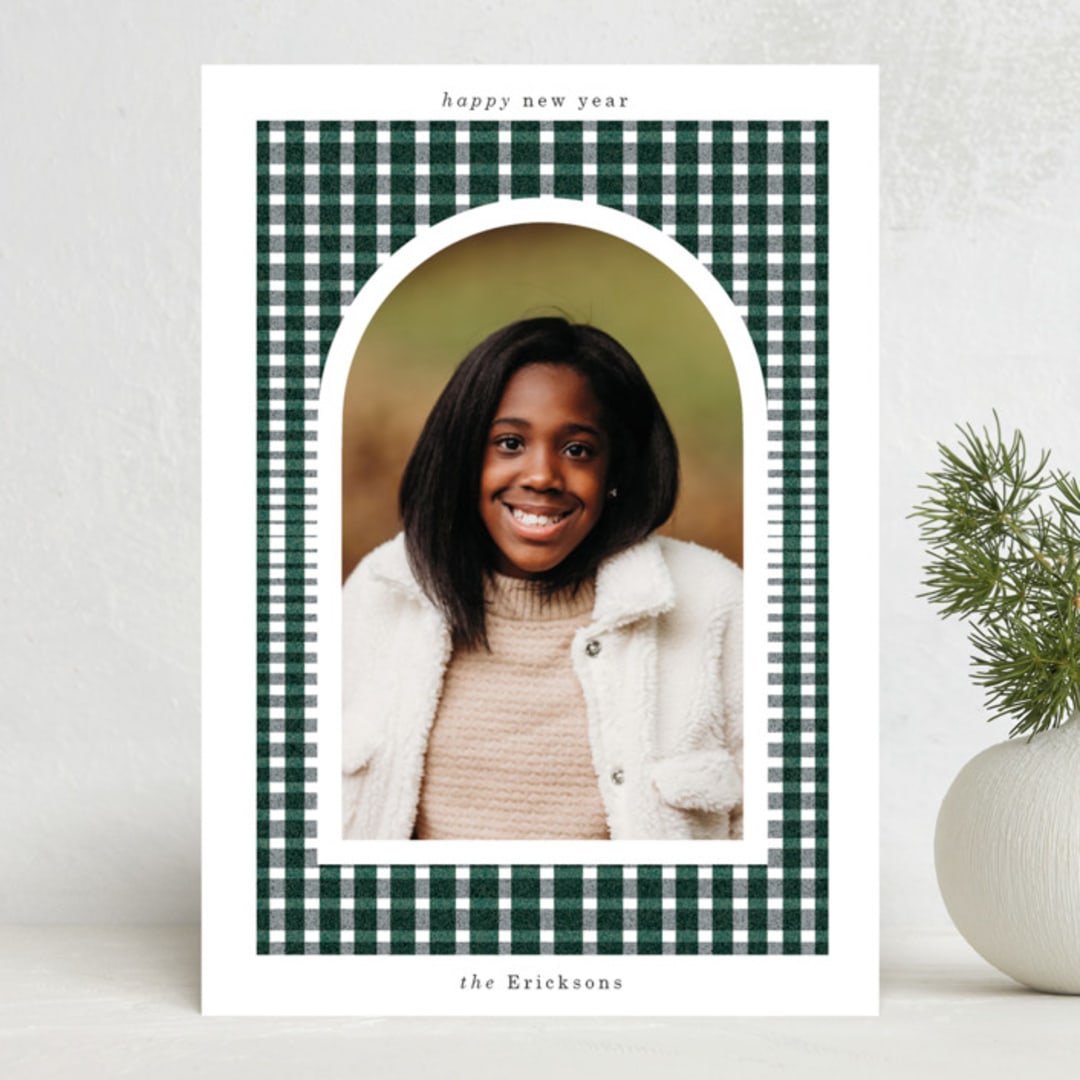"Woven Plaid" - Holiday Cards in Olive by Baumbirdy - Front