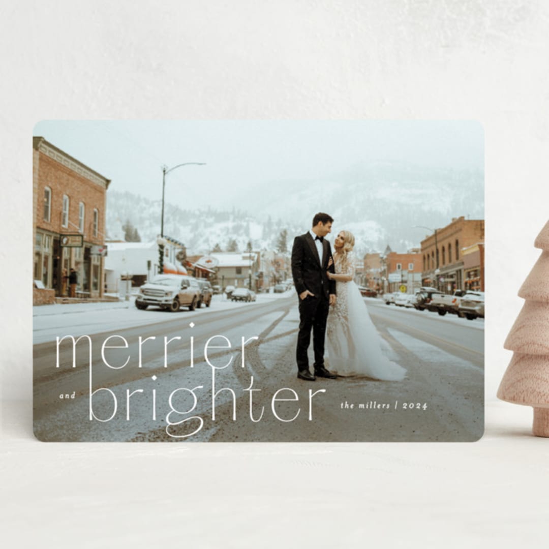 "Merrier and Brighter" - Holiday Cards in Snow by Amy Kross - Front