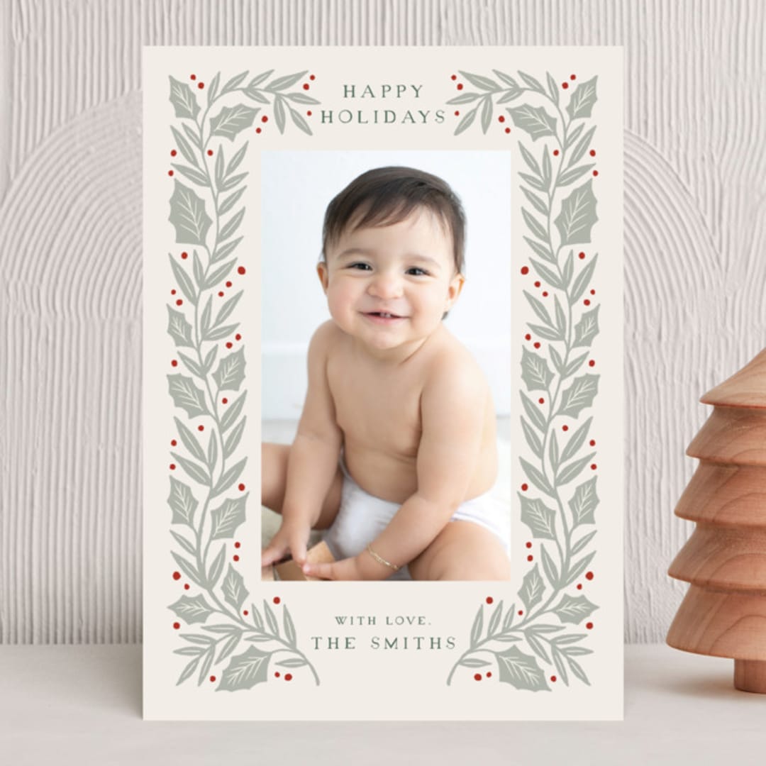 "Sketched Holly Frame" - Holiday Cards in Mist by Katharine Watson - Front