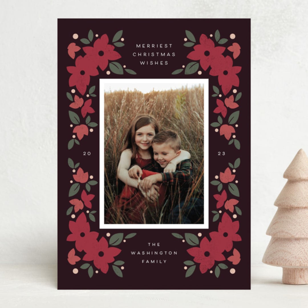"Festive Floral" - Holiday Cards in Chocolate by Emily Sabol Goss - Front