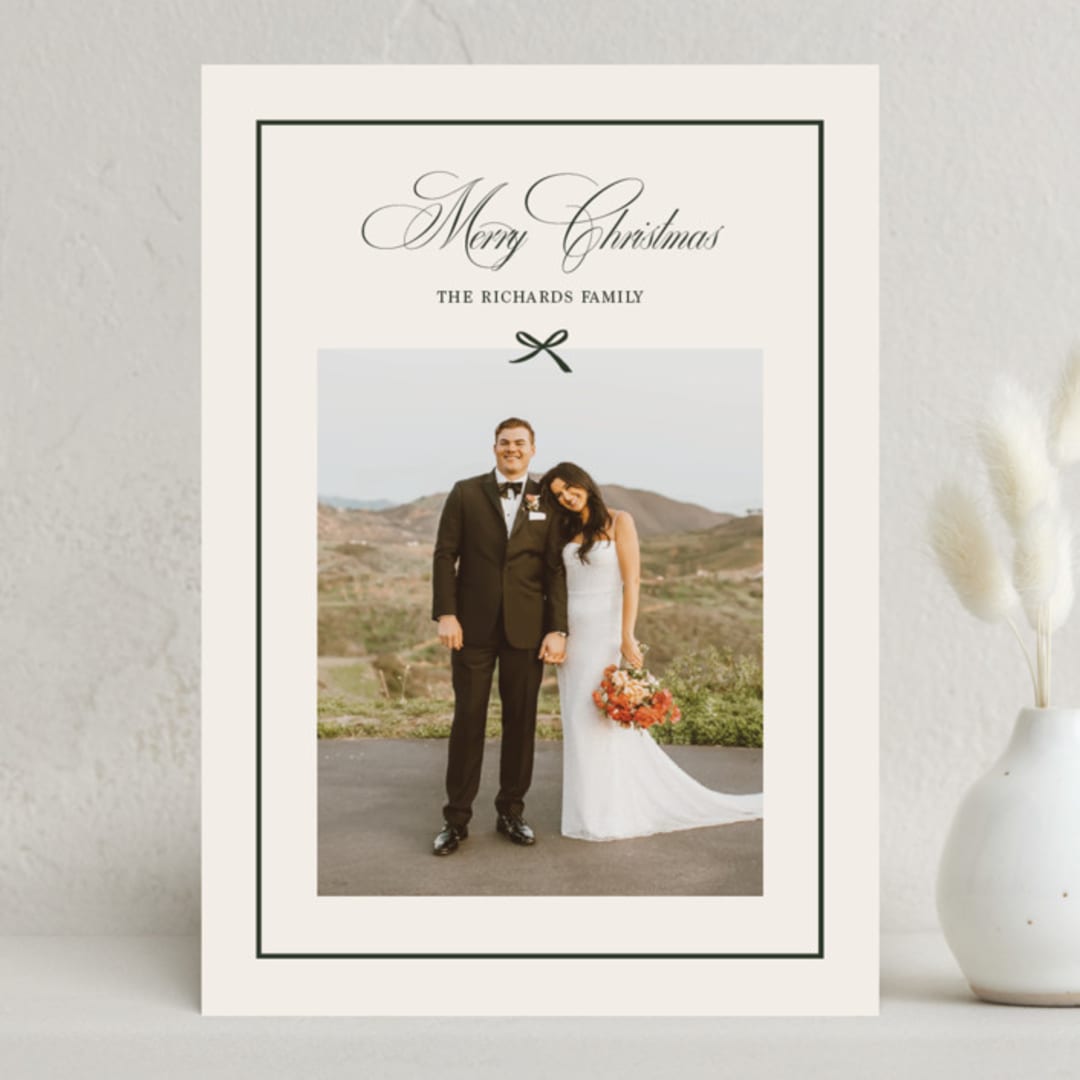 "Elegant Bow Holiday" - Holiday Cards in Evergreen by Chelsea Petaja - Front