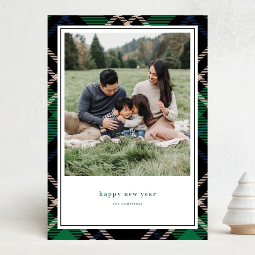 "Joyful Plaid" - Holiday Cards in Emerald by That Girl Press - Front