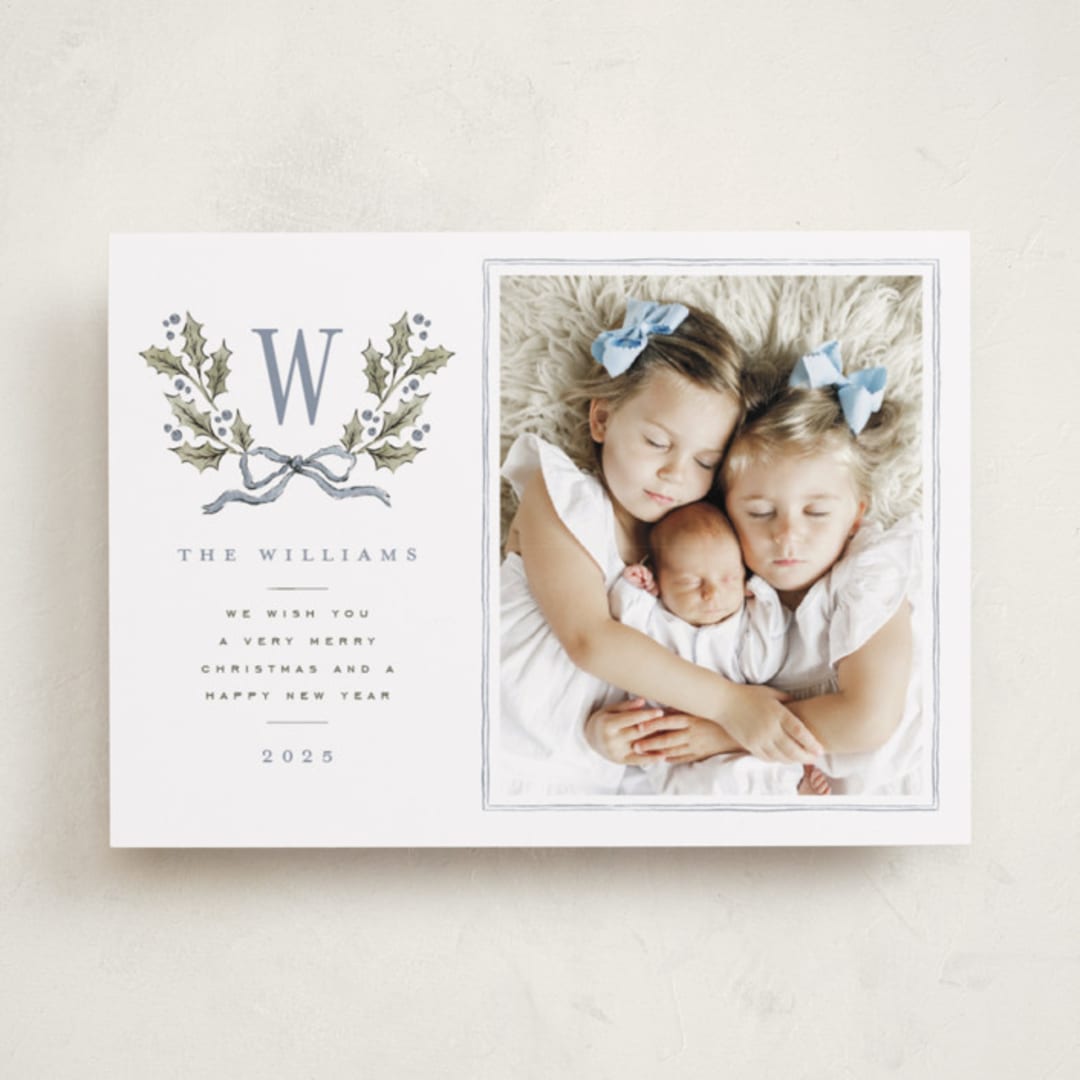 "Holly Monogram" - Holiday Cards in Blue Spruce by Wildfield Paper Co - Front