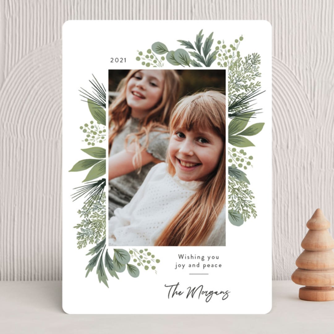 "Crimson Holiday" - Holiday Cards in Moss by Kimberly Morgan - Front
