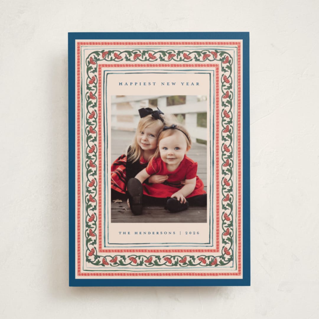 "Festive Block Print" - Holiday Cards in Blue Jay by Teju Reval - Front