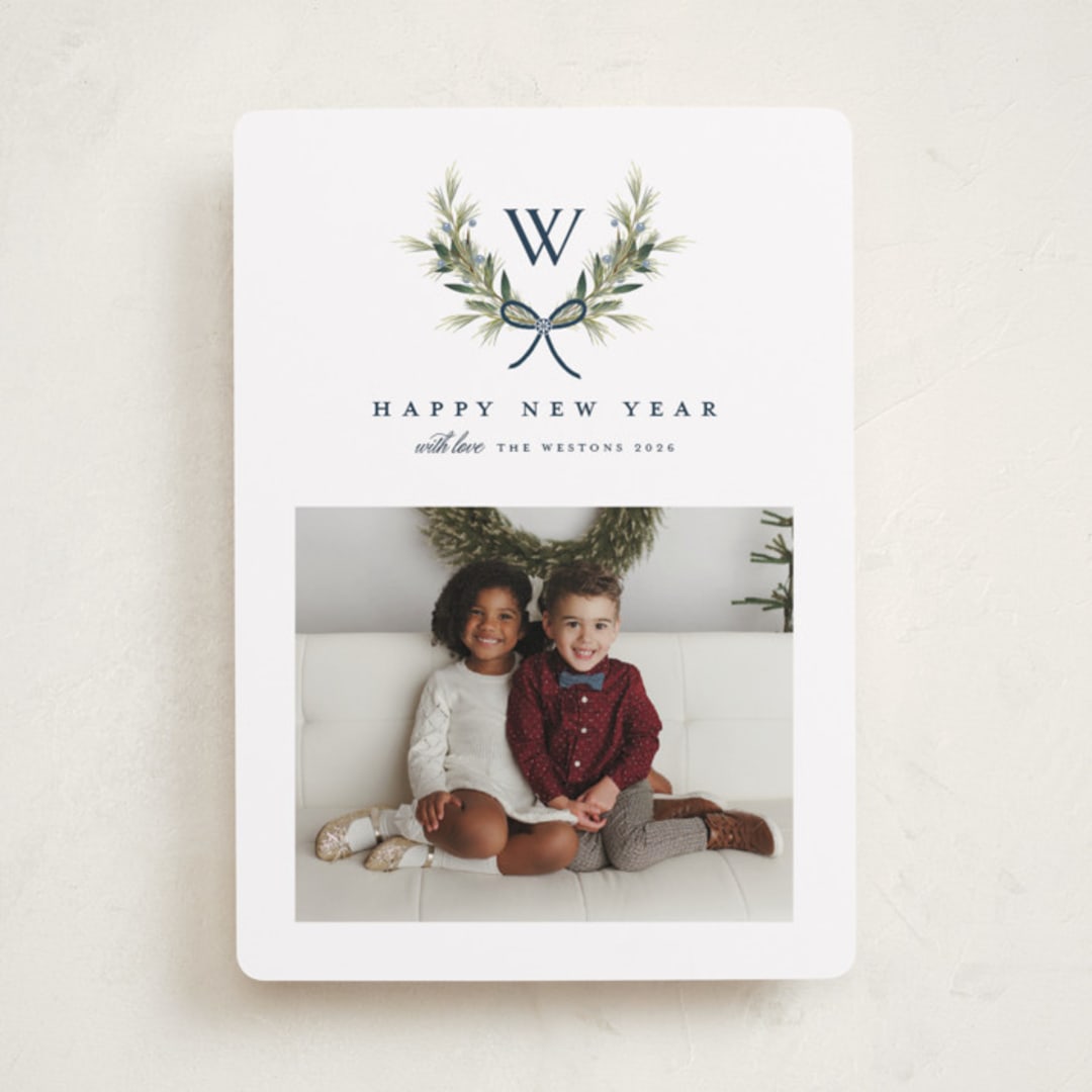"Monogram Wreath" - Holiday Cards in Midnight by Melanie Kosuge - Front