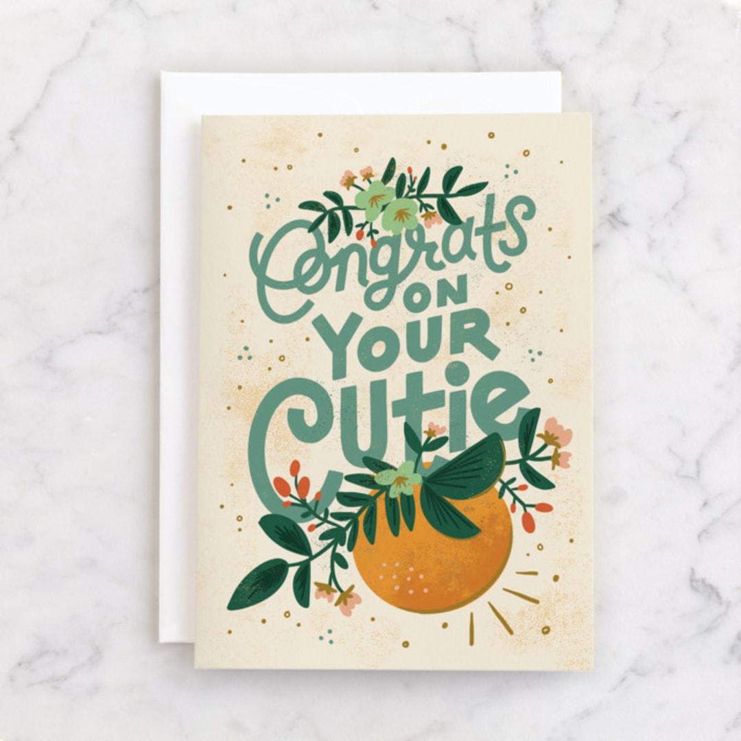 "Congrats on Your Cutie" - Single Greeting Cards in Nectarine by Jamie Bartlett - Front