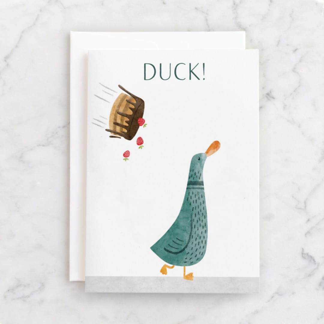 "Duck!" - Single Greeting Cards in Teal by Gila von Meissner - Front