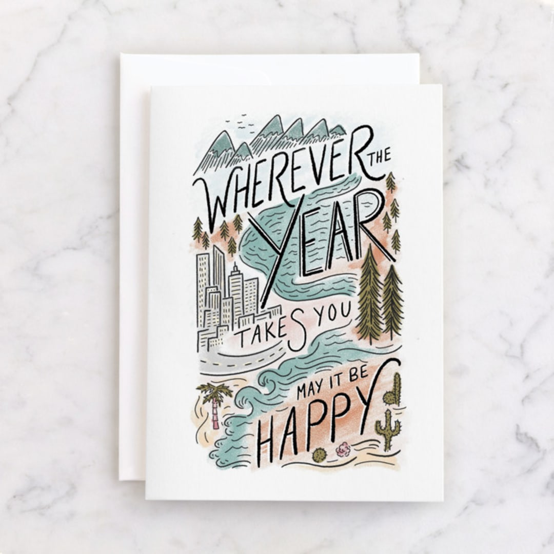 "Where the Year Leads" - Single Greeting Cards in River by Shiny Penny Studio - Front