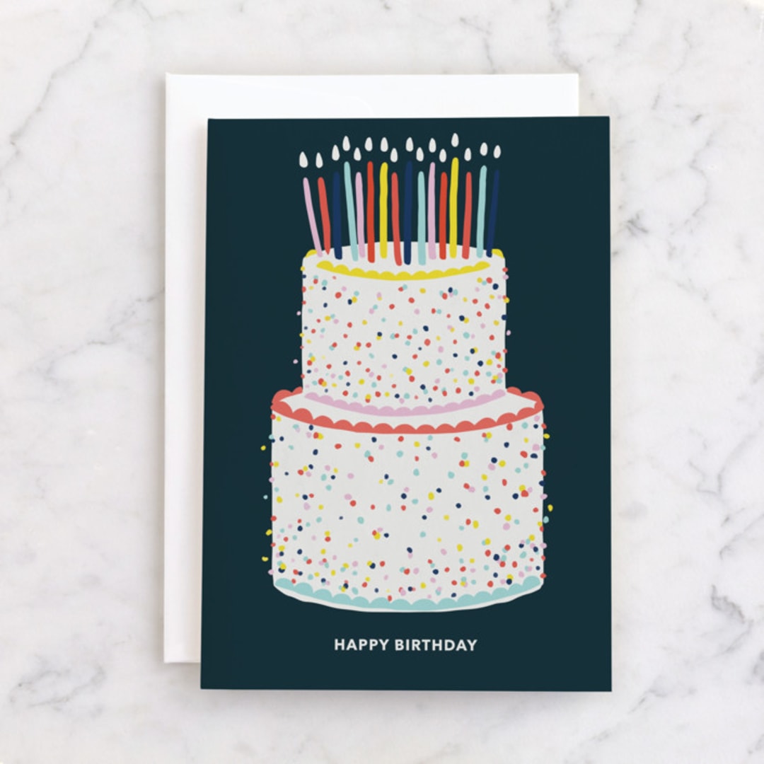"Happy Birthday Cake" - Single Greeting Cards in Navy by Menci Zaga - Front
