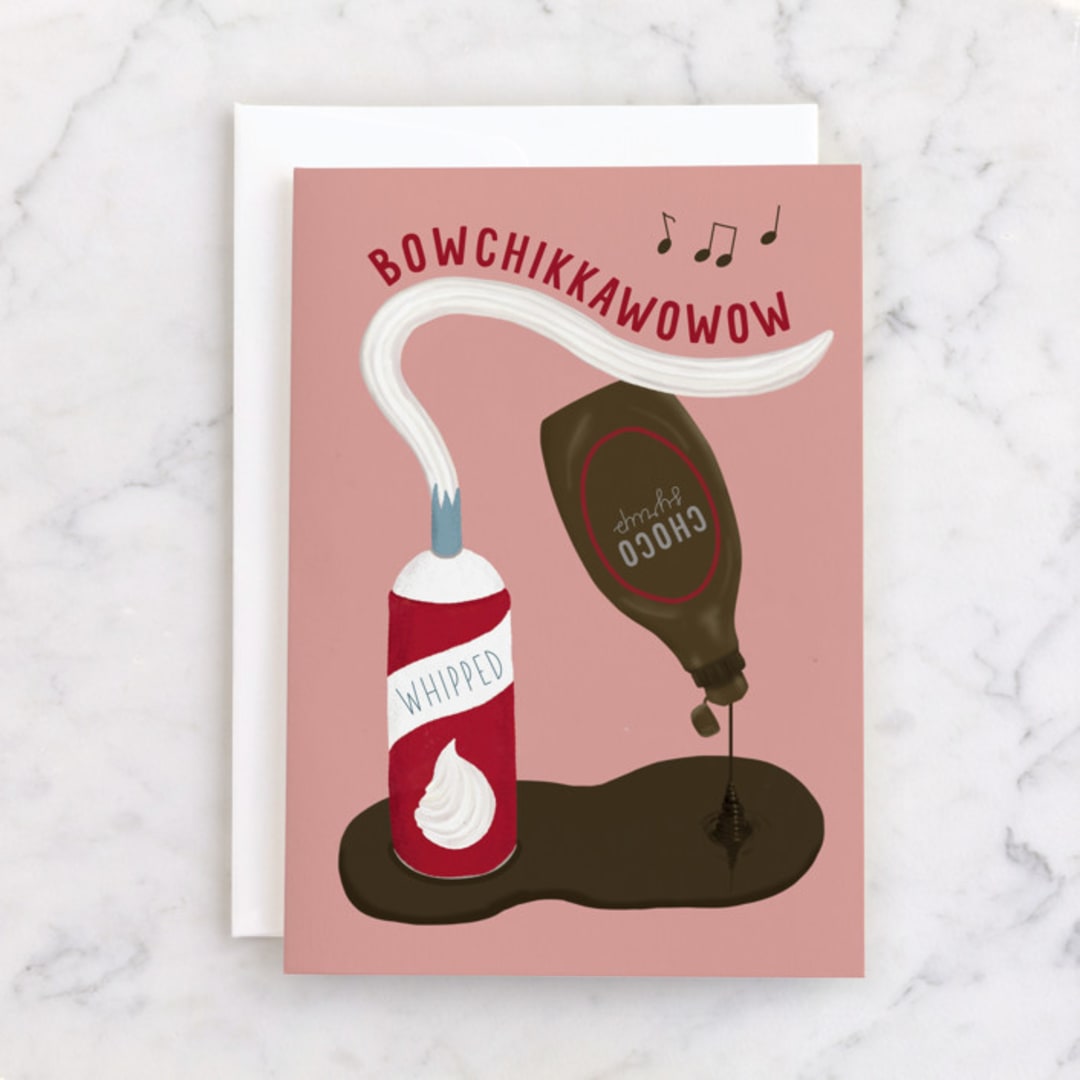"bowchikkawowow" - Single Greeting Cards in Rose by Deborah Chou - Front