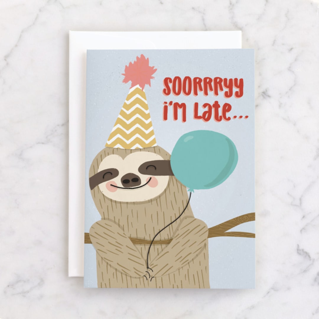 "Belated Sloth" - Single Greeting Cards in Royal Blue by Kacey Floyd - Front