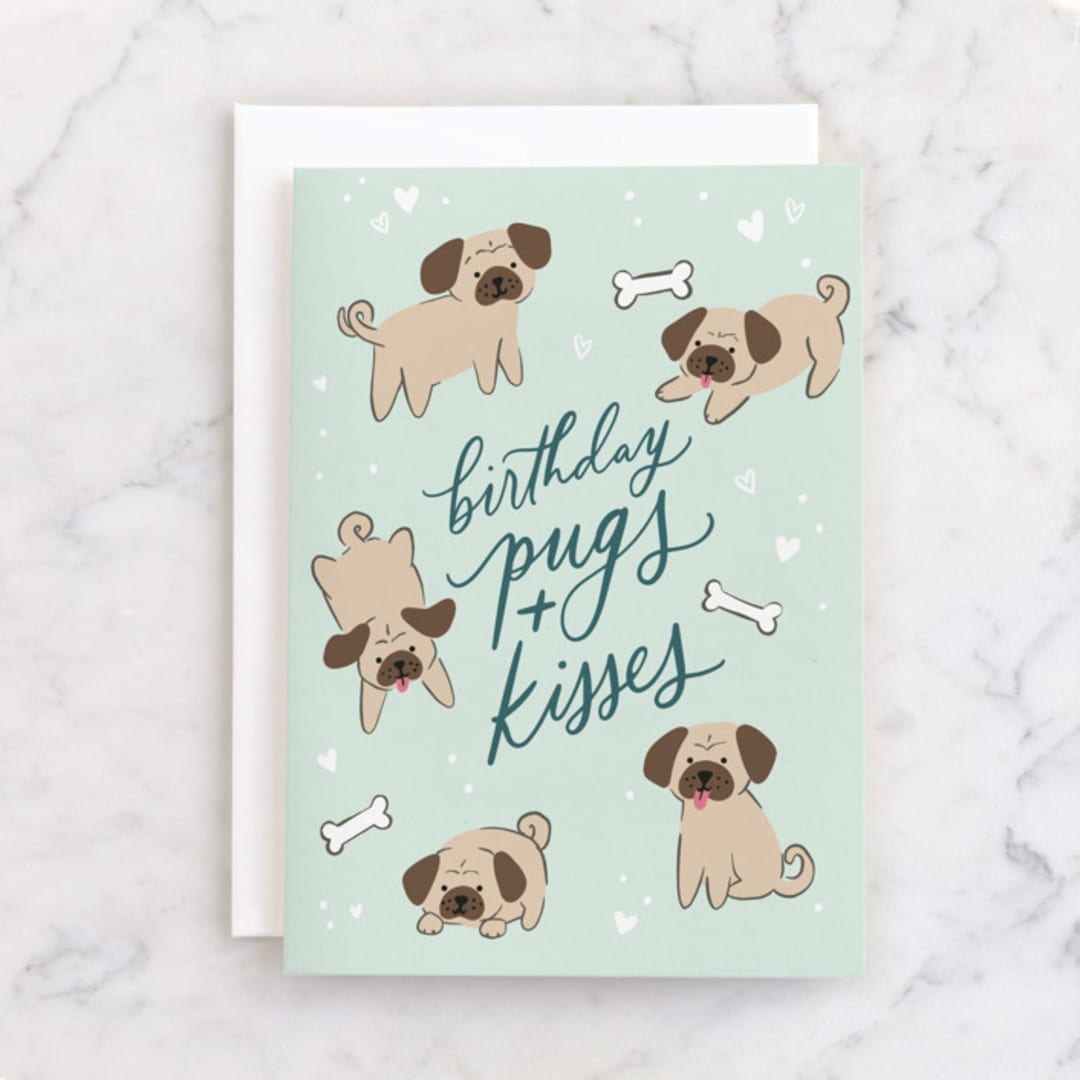"Pugs and kisses" - Single Greeting Cards in Mint by Everett Paper Goods - Front