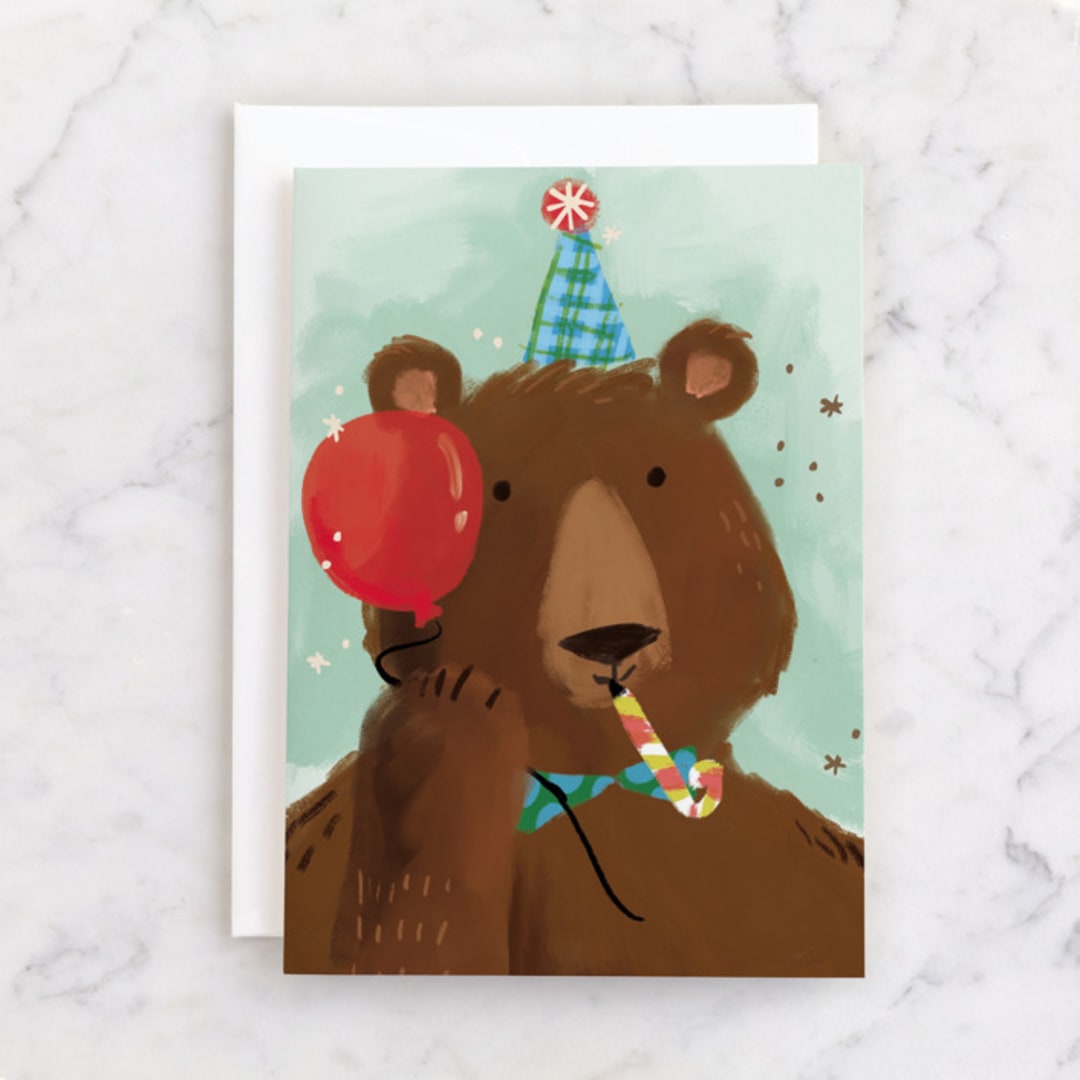 "Birthday Bear" - Single Greeting Cards in Fudge by Rebecca Durflinger - Front