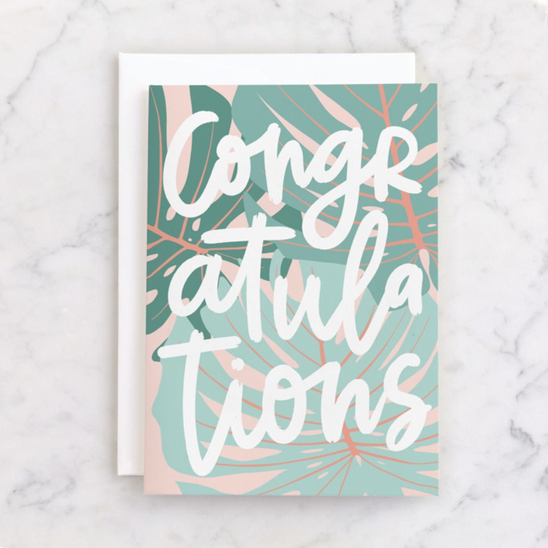 "Botanical Congrats" - Single Greeting Cards in Teal by Alicia Schultz - Front