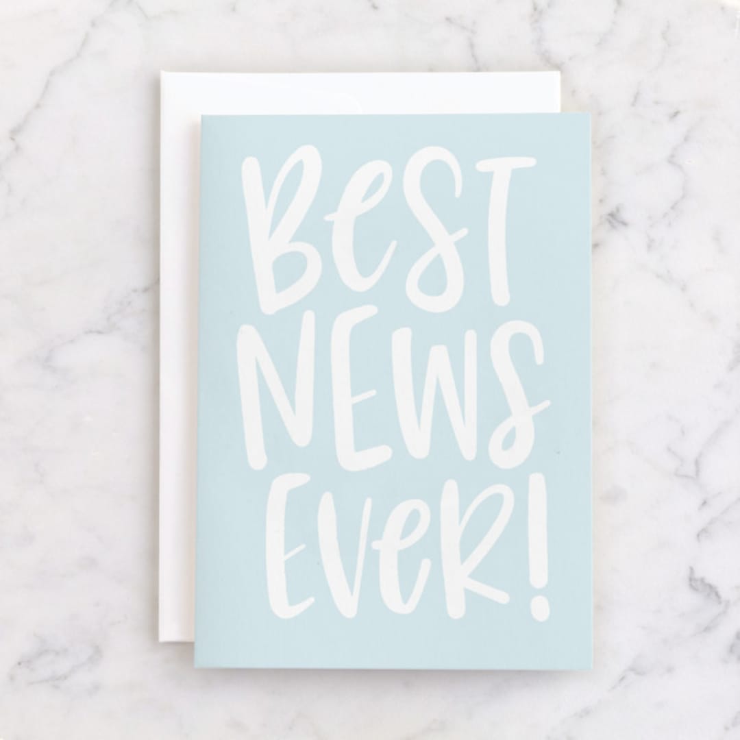 "Best News Ever" - Single Greeting Cards in Baby Blue by Jessica Corliss - Front
